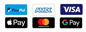 Logos for payment types: PayPal, Amex, Visa, ApplePay, Mastercard, GooglePay.