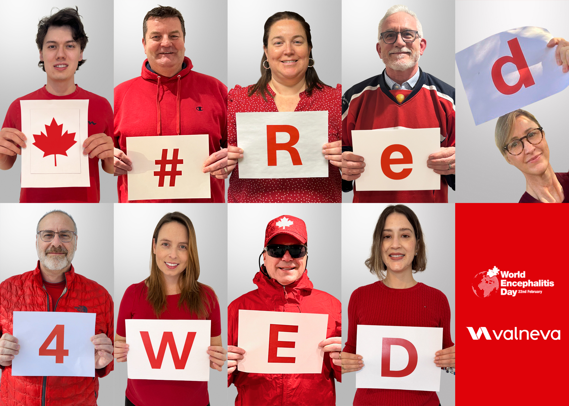 Valneva team members in Canada wearing red, supporting World Encephalitis Day, holding up #Red4WED signs.